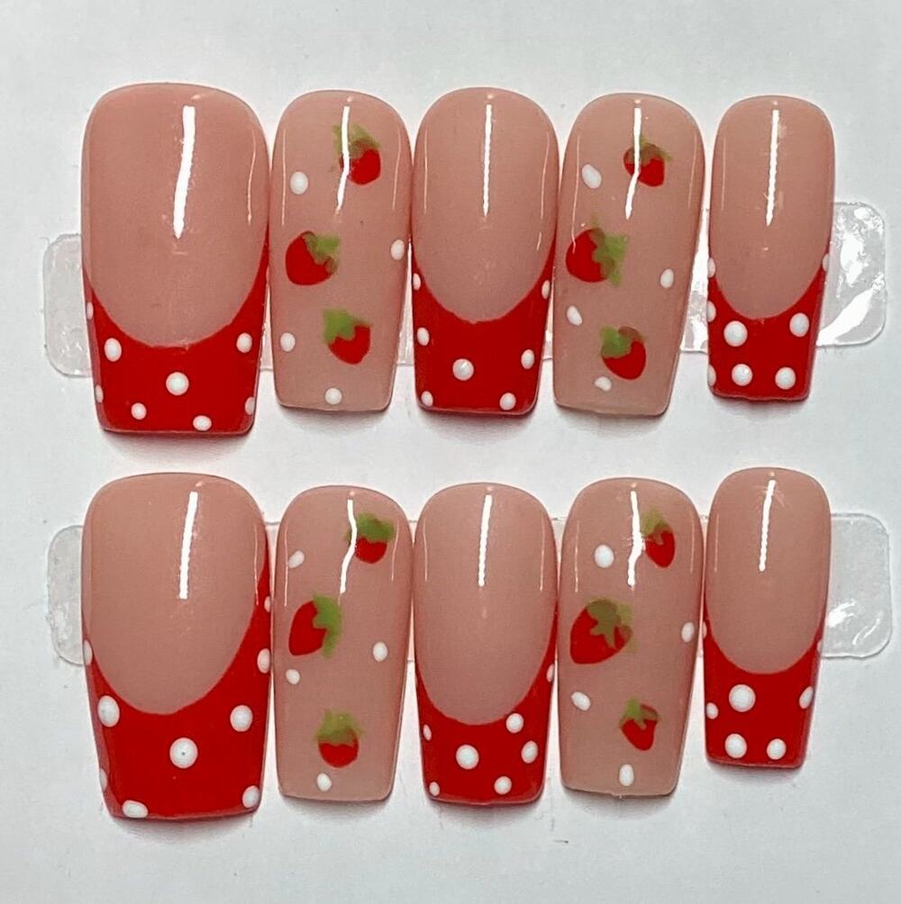 Hand-painted Strawberry Red Polka Dot French Tips Square Press-On Nails Large